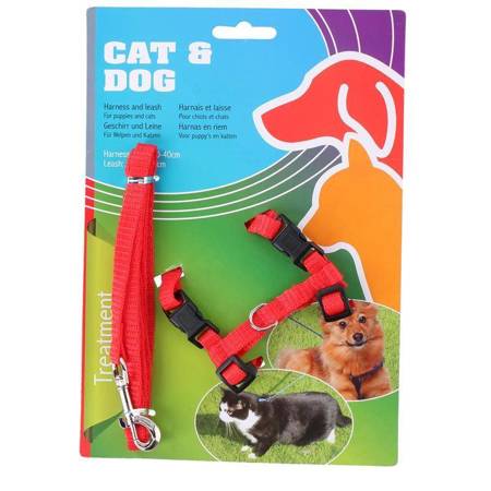 Nylon harness 30-40 cm for dog or cat + leash 120 cm (red)